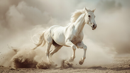 Obraz na płótnie Canvas Ethereal Monotone The Majestic White Arabian Horse Rearing on Back Legs, generative ai