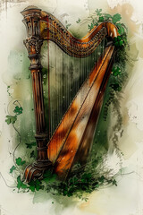 A realistic painting of a harp on a plain white background, perfect for celebrating St. Patricks Day