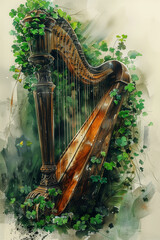 A painting featuring a harp surrounded by intertwining ivy leaves, celebrating St. Patricks Day