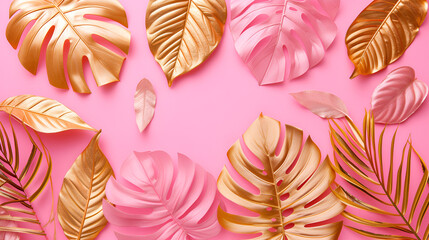Flat lay of golden pink tropical leaf design element. Decoration elements for invitation, wedding cards, valentines day,  generative ai