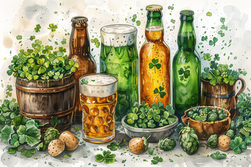 A painting featuring vibrant green beer in a glass and various potted plants, symbolizing a festive St. Patricks Day celebration, pattern