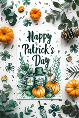 A joyful St. Patricks Day card featuring pumpkins and leaves arranged around it, creating a festive atmosphere, pattern