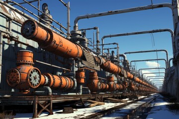 a striking banner featuring an industrial pipeline within an oil and gas factory, against a backdrop of a blue color scheme and sunligh - obrazy, fototapety, plakaty