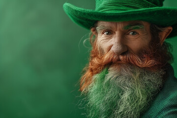 A man with a long beard wearing a green hat, symbolizing St. Patrick's Day celebrations, copy space - obrazy, fototapety, plakaty