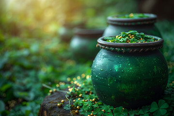 A collection of green pots placed on top of a vibrant green field, symbolizing a festive occasion like St. Patrick's Day, copy space - obrazy, fototapety, plakaty