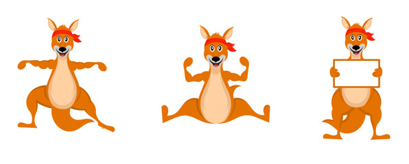 Kangaroo characters set. Wildlife australian animals standing, holding bord and jumping exact vector kangaroo in exercise poses