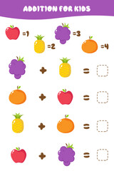 Educational math game for children. Addition for children with colorful fruits. Solve the example. A set of multi-colored fruits in a flat style. Educational cards for children