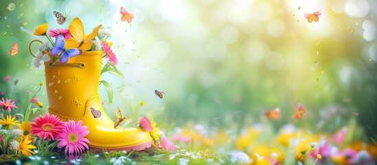 Yellow rubber boot with spring flowers inside and butterflies around on bright background, concept of the arrival and celebration of spring, banner with copyspace - obrazy, fototapety, plakaty