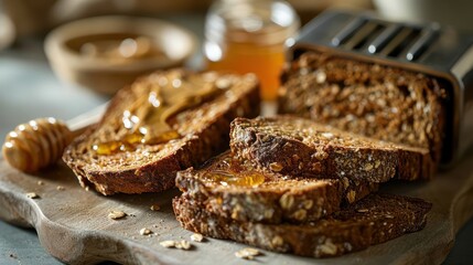 Fototapeta na wymiar scene of a contemporary toaster toasting thick slices of hearty oat bread, accompanied by a spread of honey and almond butter