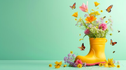 Yellow rubber boot with spring flowers inside and butterflies around on bright background, concept of the arrival and celebration of spring, banner with copyspace