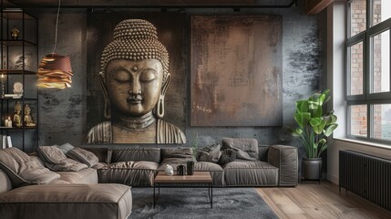 Buddha artwork in a modern living room, blending spirituality with contemporary interior design. Suitable for home decor themes. - obrazy, fototapety, plakaty