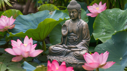 A stone Buddha statue meditates amidst blooming pink lotus flowers in a tranquil garden setting. Celebration of Vesak holiday. The image evokes peace and natural beauty.
