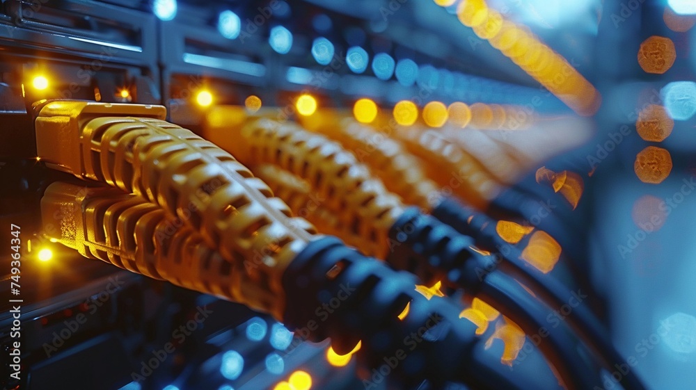 Wall mural web banner of data cable transfer shining information inside computer server, internet connection co
