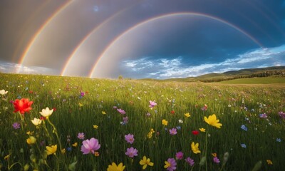 Colorful flowers in the meadow with rainbow in the sky.