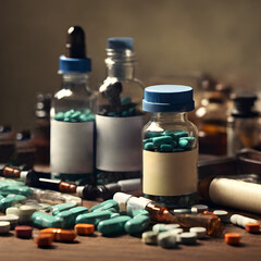 A selective focus-style image of pharmaceutical bottles with blank labels filled with pills and more pills spreads on a table .