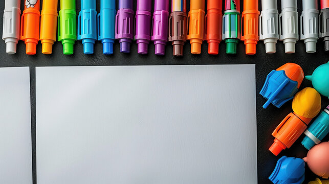 Row of Colorful Markers with Blank Paper