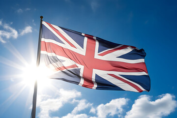 Iconic British Union Jack Flag Fluttering Against Clear Blue Sky - A Symbol of Patriotism and National Identity