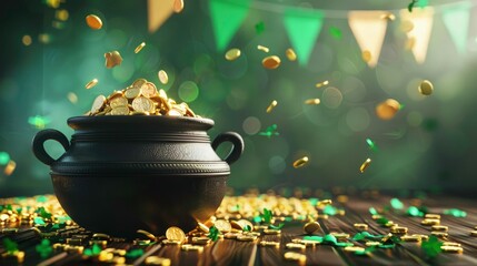 st. Patrick's day green background with black pot and gold conies. a background with shamrocks. - obrazy, fototapety, plakaty