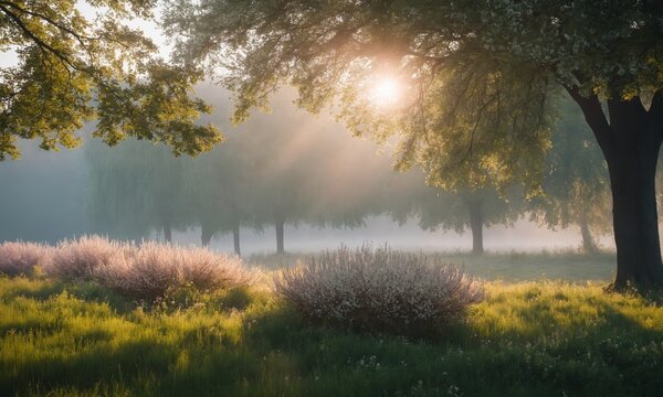 Sunrise in a misty summer meadow with blooming trees
