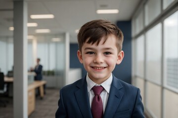 Young boy wearing a suit standing in the office with copy space.