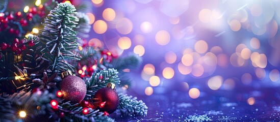 Fototapeta na wymiar A close-up view of a Christmas tree adorned with sparkling lights, set against a purple background with a shiny blue pattern peeking through. The trees branches are meticulously decorated with