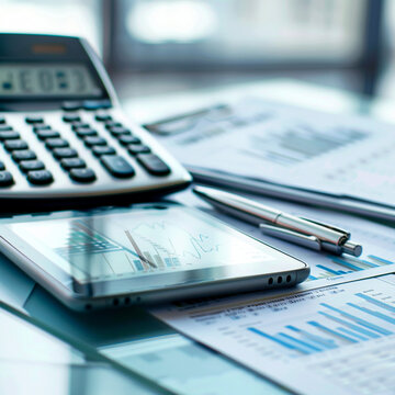 Close-up of a payroll report on a digital tablet with a pen and calculator beside it, set on a modern office desk, emphasizing financial planning and salary management, AI Generation
