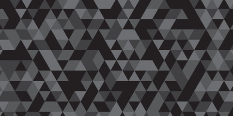 Abstract geometric black and gray background seamless mosaic and low polygon triangle texture wallpaper. Triangle shape retro wall grid pattern geometric ornament tile vector square element.