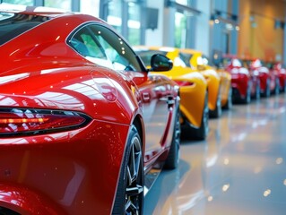 Luxury Sports Cars on Showroom Floor, A line of high-end sports cars in vibrant red and yellow colors displayed on a showroom floor, showcasing sleek design and luxury.