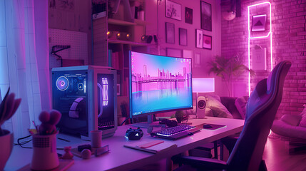 Professional gamer room with powerful PC and comfortable chair in neon lights, Modern workspace, esports, cybersport, Generative AI - obrazy, fototapety, plakaty