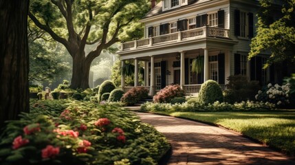 Fototapeta na wymiar serene landscape featuring a classic Colonial-style house surrounded by lush greenery, showcasing timeless elegance