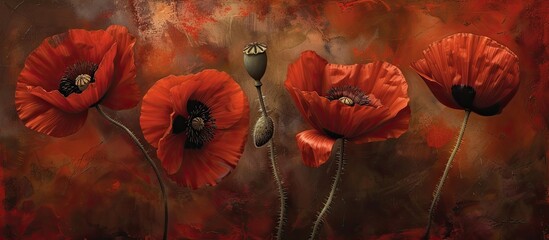 This painting depicts vibrant red poppies set against a rich brown background. The bold colors of the poppies stand out against the earthy tone, creating a striking contrast. - Powered by Adobe
