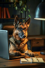 Beautiful dog working in an office with a laptop.