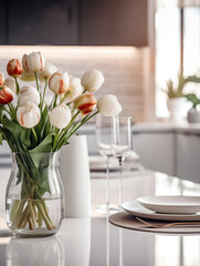 Obraz na płótnie Canvas white empty table in the foreground, next to a vase of flowers, against the background of a blurred stylish modern kitchen сreated with Generative Ai