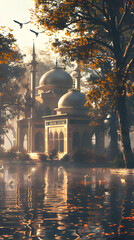 mosque on the riverbank in the morning. Islamic Background

