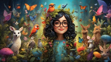 A wimsical figure with oversized, colorful glasses, surrounded by a magical forest filled with talking animals and enchanted plants - obrazy, fototapety, plakaty
