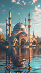 mosque on the riverbank in the morning. Islamic Background
