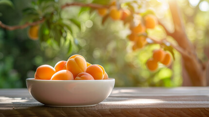 white bowl with apricots on the background of nature