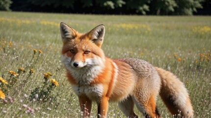 Fototapeta premium Red fox (Vulpes vulpes) in a field of flowers