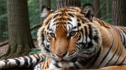 Obraz premium Close up of Amur Tiger in the forest. Wildlife animal