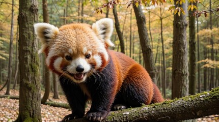 Fototapeta premium Red panda (Ailurus fulgens) in autumn forest