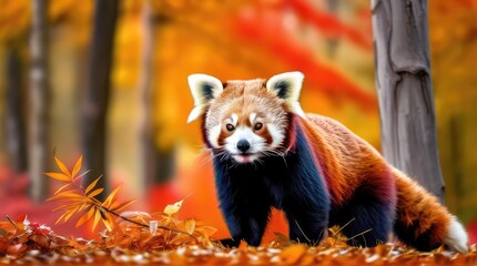 Red panda (Ailurus fulgens) in autumn forest