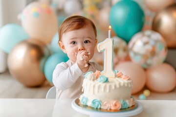 Happy white baby boy sitting in front of a birthday cake, excitedly reaching out to touch the cake.