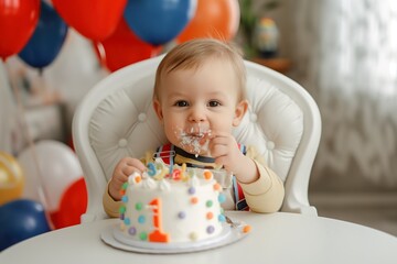 A cute white baby boy happily eating a sweet birthday cake with his hands while sitting in a high chair.