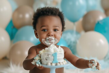 Happy black baby boy eating cake with hands in front of colorful balloons.
