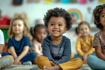 Fototapeta premium Small children in nursery school sitting on the floor inside a classroom.