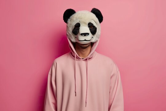 Expressive man wearing a panda mask on top of his head against a pink wall.