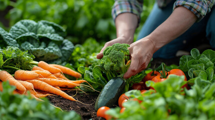 Fresh Harvest in Organic Vegetable Garden, Hand picking vibrant vegetables in sunlit garden
