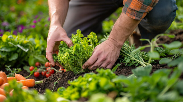 Fresh Harvest in Organic Vegetable Garden, Hand picking vibrant vegetables in sunlit garden