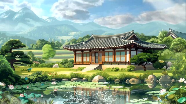 A historic South Korean house nestled in the serene countryside, and mist-shrouded mountains. Fantasy landscape anime or cartoon style, looping 4k time-lapse virtual video animation background