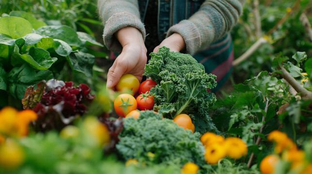 Fresh Harvest in Organic Vegetable Garden, Hand picking vibrant vegetables in sunlit garden